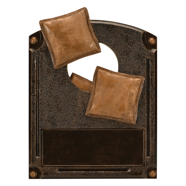 Bronze rectangle plaque shaped resin featuring a hole in the middle with three corn hole bags going inside the hole. There is room for an engraved plate at the bottom.