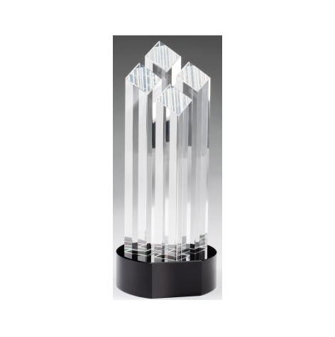 Crystal tower award featuring a round black glass base with room for an engraved plate. the crystal consists of four separate skinny towers with slanted tops.