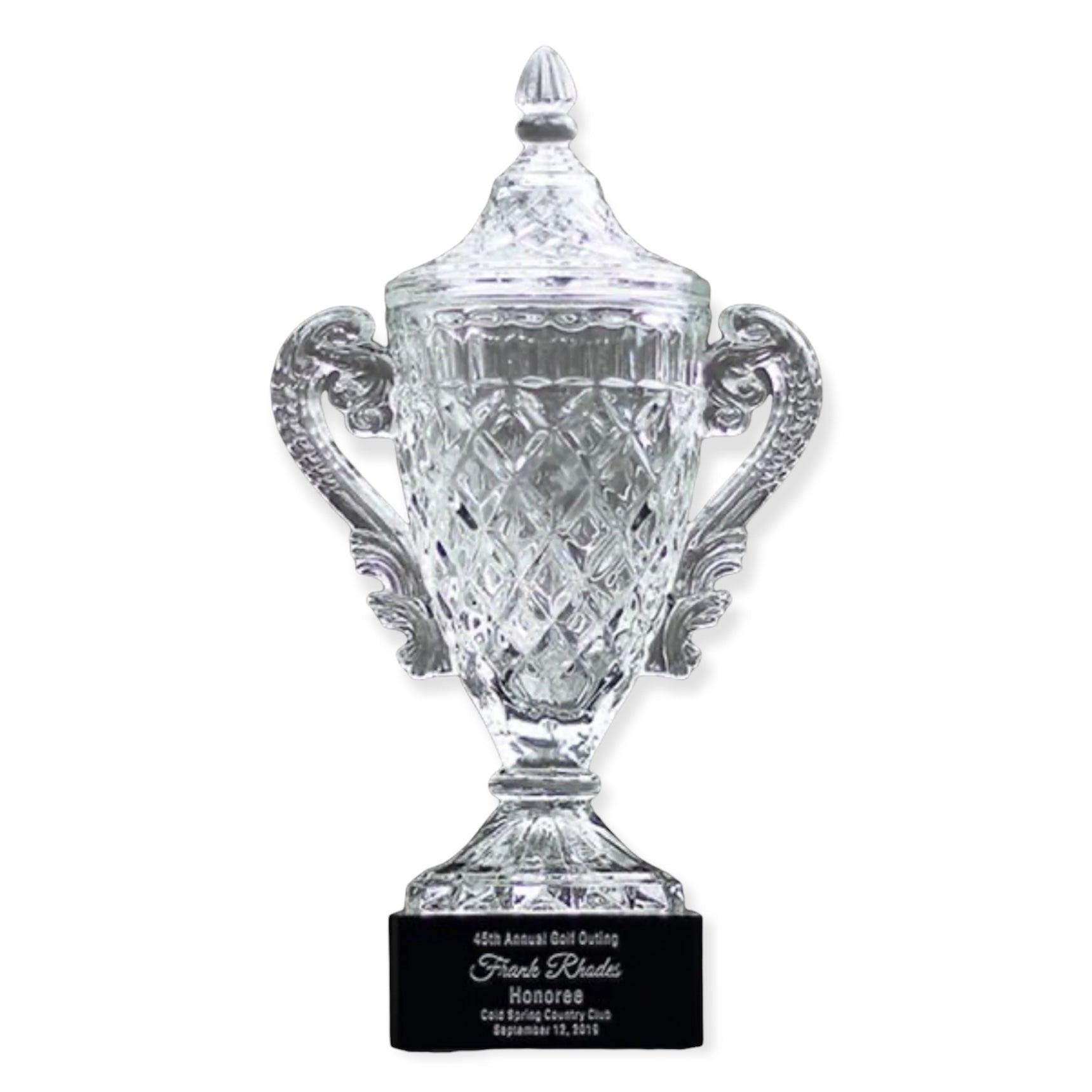crystal cup trophy on black base