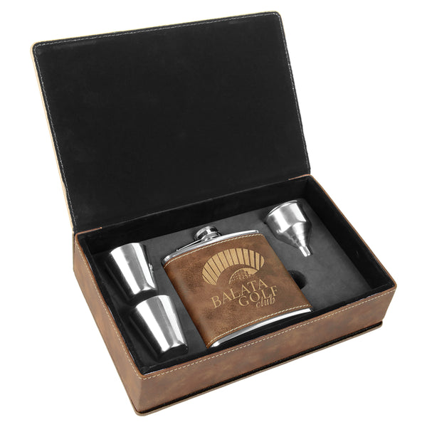 Personalized brown faux leather flask and shot glass set.