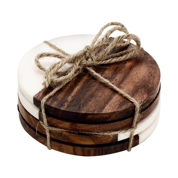 set of four marble and wood coasters
