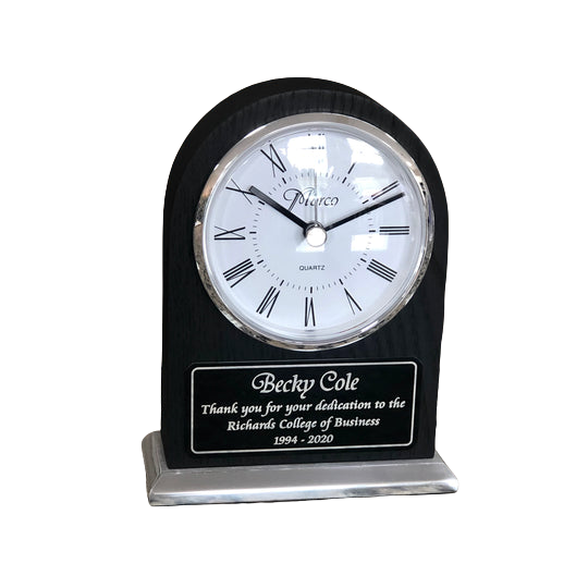 black wood dome clock with engraved plate