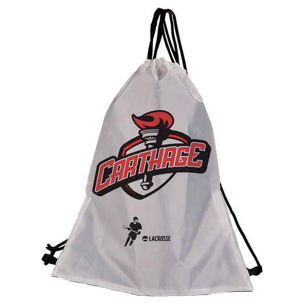 White drawstring bag engraved with a red and black school logo and school name as well as a lacrosse player.