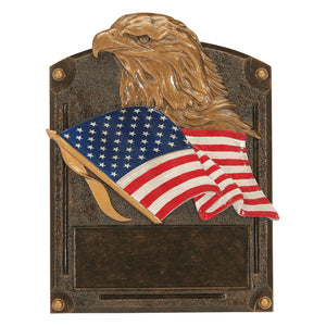 Bronze rectangle plaque resin featuring a red, white and blue American flag with a bronze eagle's head behind it.
