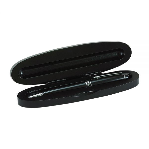 Black wooden pen in oval shaped black wooden box. Black wooden pen features a shiny silver tip, ring in the middle, and clip. Pen and box can be engraved with a logo, name or monogram.