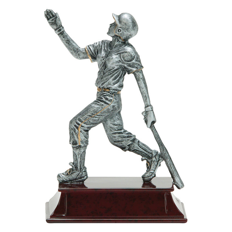 Softball trophy featuring a maroon rectangular base and a silver softball player attached on top. The softball player is running with a bat behind her. 