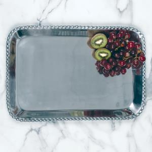 Shiny silver extra large rectangle shaped tray with a beaded edge. Center of the tray can be engraved with a special message.