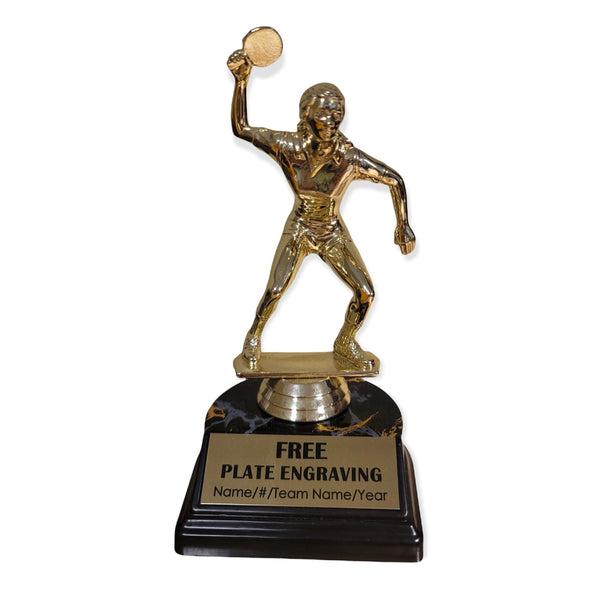female ping pong trophy with free engraved plate