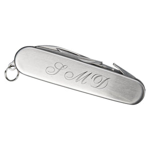 Small silver stainless steel pocket knife monogrammed on the front an three golf tools inside.