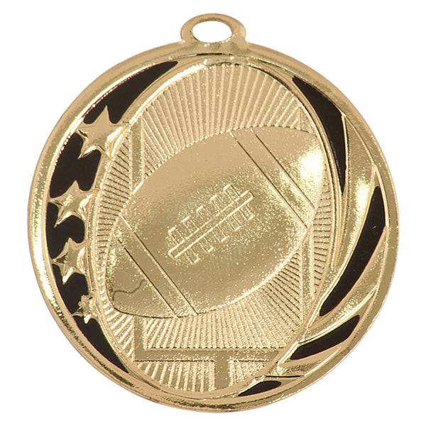 Gold and black football medal with stars, football, and field goal design