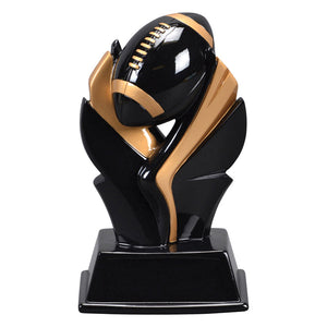 Black and gold football resin featuring a rectangular shaped base and two wings holding up a black and gold football.
