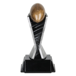 Football resin featuring a black square base with room for engraving, a black and silver pedestal, and a bronze colored football sitting slanted on top.
