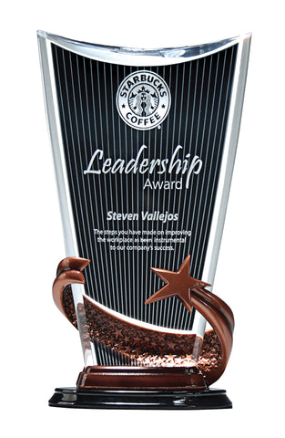 Large acrylic service award featuring a black base with a bronze shooting star that wraps around a black rectangle shaped piece of acrylic with thin clear stripes.