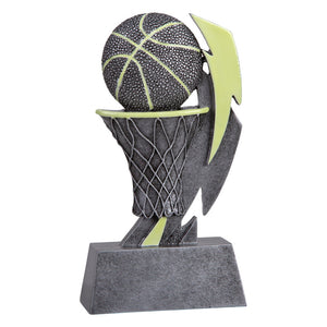 Silver and green glow in the dark basketball trophy featuring a rectangular base, a basketball hoop, a basketball, and a glowing lightening bolt.
