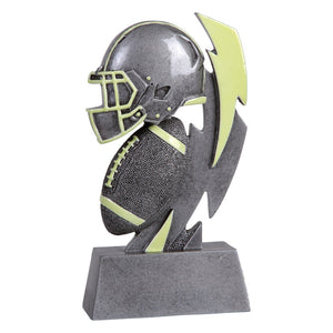 Silver and green glow in the dark football trophy featuring a rectangle base, football helmet, football, and lightening strike. All items have green glow in the dark accents on them.