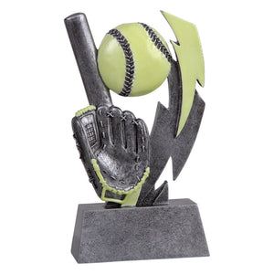 Silver and green glow in the dark softball trophy featuring a rectangle base, a softball glove, softball bat, and softball.