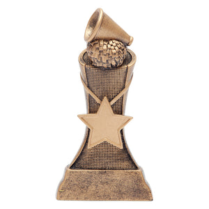 Bronze cheerleading resin featuring a star in the middle and a pom pom and megaphone at the top.