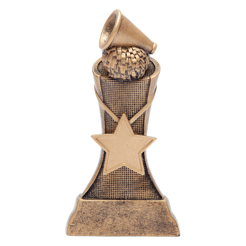 Bronze cheerleading resin featuring a star in the middle and a pom pom and megaphone at the top.