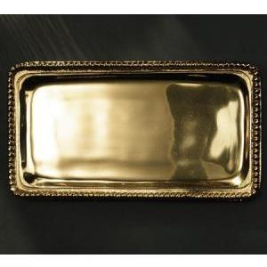 Rectangle shaped shiny gold tray with a beaded edge. The shiny gold tray is engraved in the center.