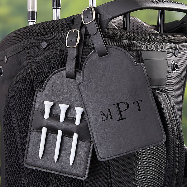 gray leatherette personalized golf bag tag.