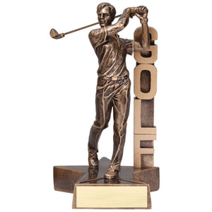 Bronze colored golf resin featuring a star shaped base and a male golfer who has just swung his club and is looking off into the distance. The word "GOLF" is displayed beside him vertically.