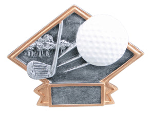 Silver and gold diamond shaped golf resin featuring a banner shape at the bottom that can hold an engraved plate, a golf ball, trees, and a golf club design throughout.
