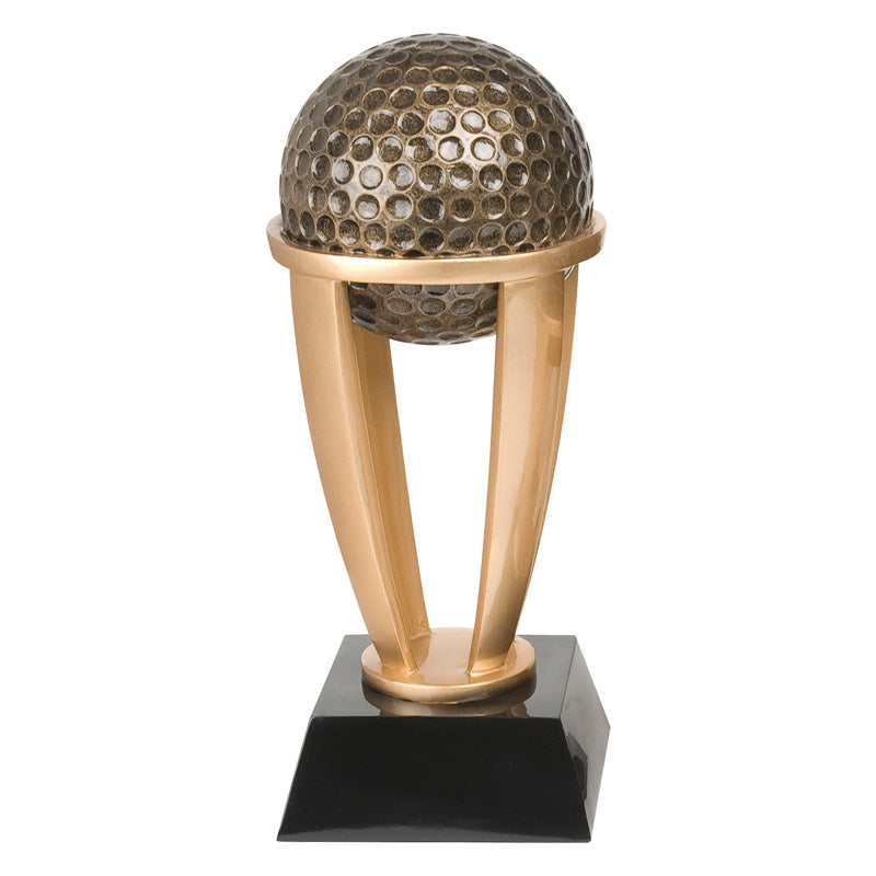 Large gold golf trophy featuring a black square glossy base with four curved posts lifting up a huge gold golf ball.