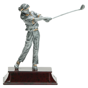 Female golf trophy featuring a dark maroon base and a young female golfer swinging a golf club and looking off into the distance.