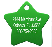 Green metal star shaped pet ID tag that can be engraved with details.