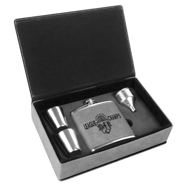 Personalized grey faux leather flask and shot glass set.
