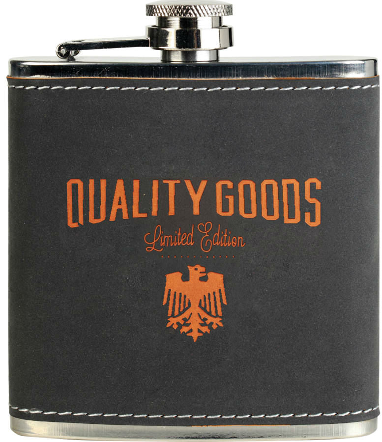 Personalized grey and orange faux leather flask