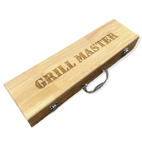 3 Piece BBQ Grill Set w/ Oak Wood Case