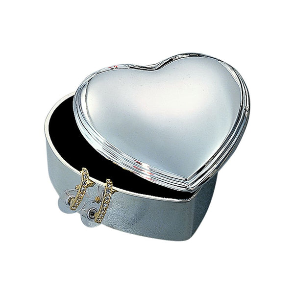 Small heart shaped silver jewelry box with lid. Sleek jewelry box with a ridge border.