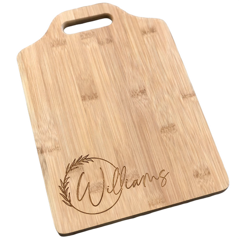 engraved bamboo cutting board with handle