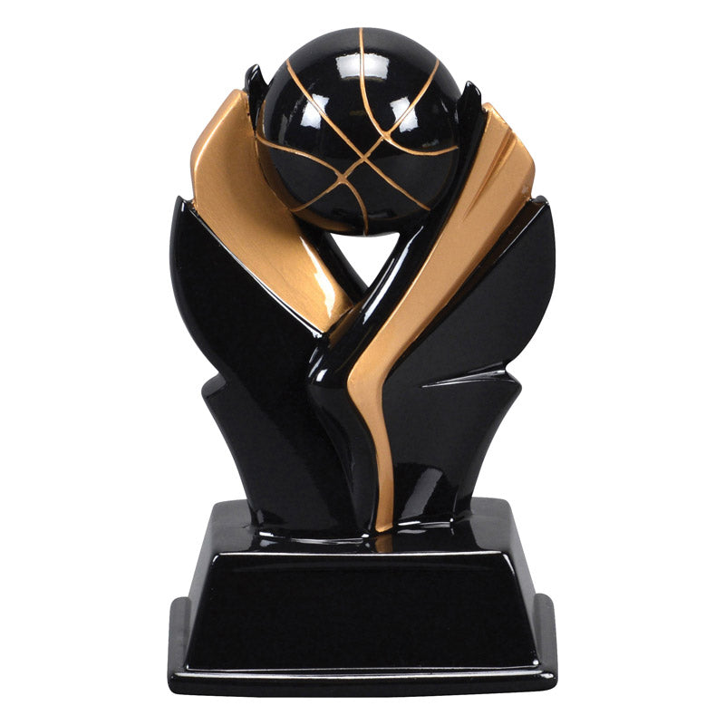 Black and gold basketball trophy featuring a rectangle base with two wings holding up a black basketball.