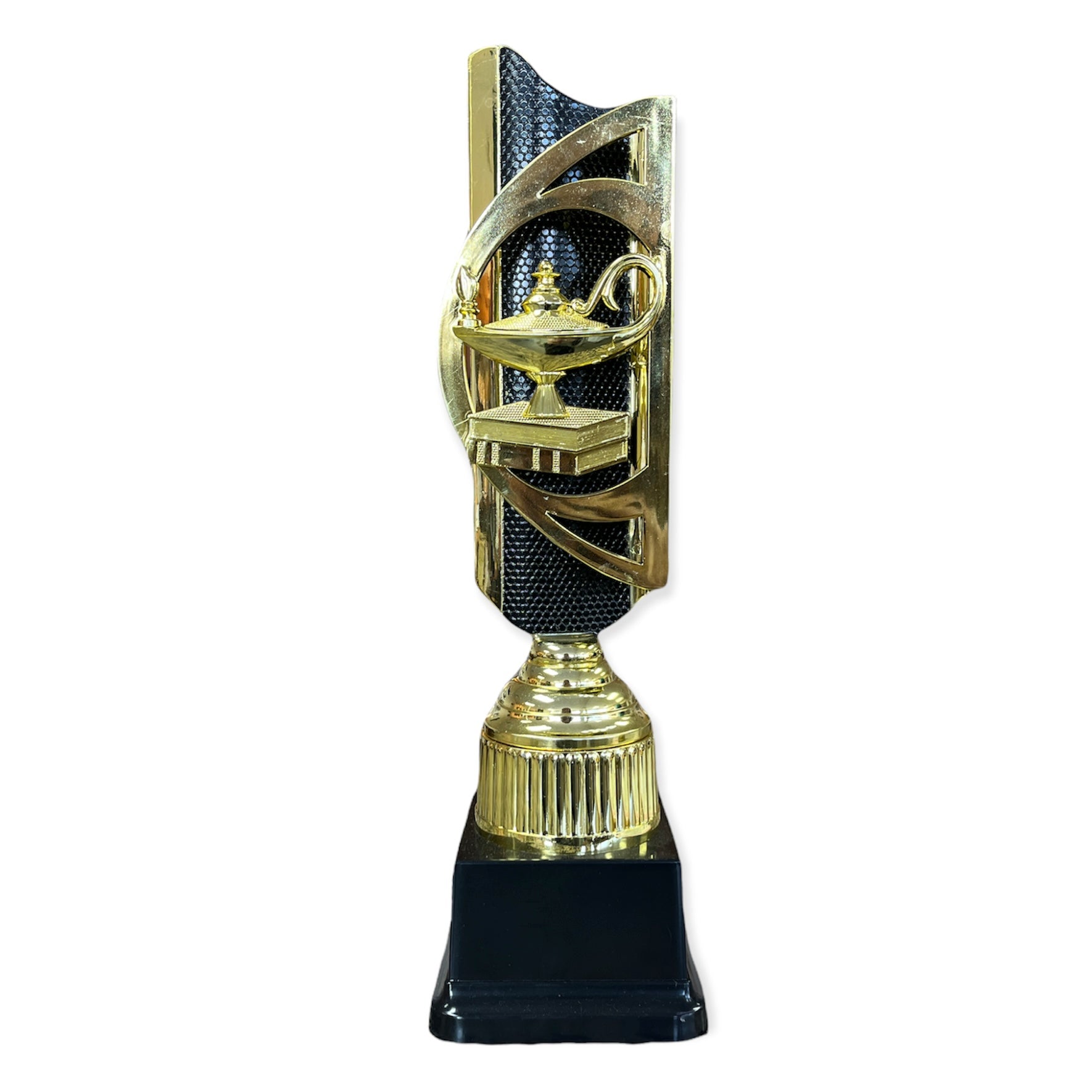 gold and black lamp of knowledge academic award with free engraved plate