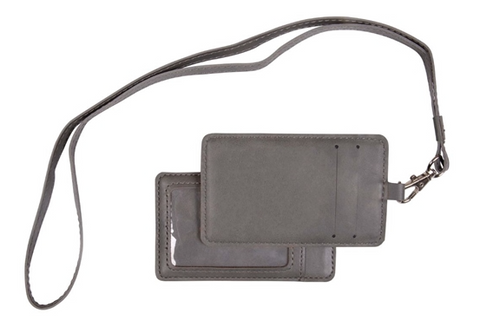 Grey leatherette engraved lanyard with two card slots on one side, and a clear ID holder on the opposite side. There is a strap attached to be worn around the neck. Lanyard is engraved with a school logo in black.