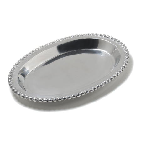 Large oval shaped tray featuring a recessed bottom and beaded edges.