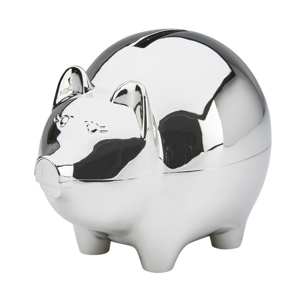 Shiny silver metal piggy bank featuring a coin slot at the top and the name "Patty" engraved on the left hand side.