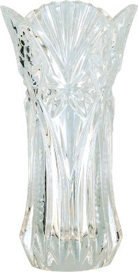 Crystal vase with an ornate design and fluted top.