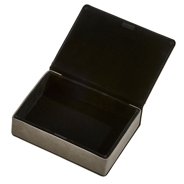Grey leatherette keepsake box with photo insert on the lid and monogrammed beneath the photo. Engraving is black. Inside is lined in black velvet.