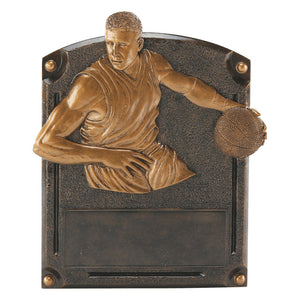 Bronze rectangular basketball resin featuring a curved top and a basketball player dribbling.