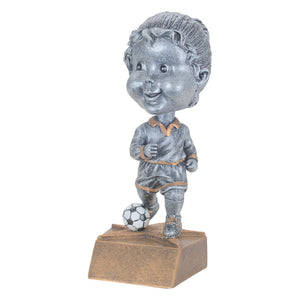 Kid's female soccer trophy featuring a bobble head and a little girl dribbling a soccer ball.