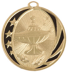 Gold and black academic medal with stars and lamp of knowledge design