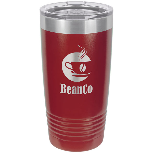 Maroon engraved tumbler with a skinny ribbed bottom to fit in a cup holder. Comes with a clear plastic lid.