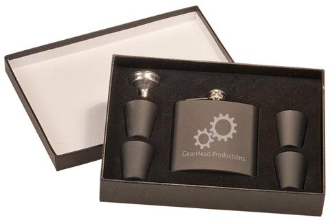 Personalized matte black flask and four shot glasses.
