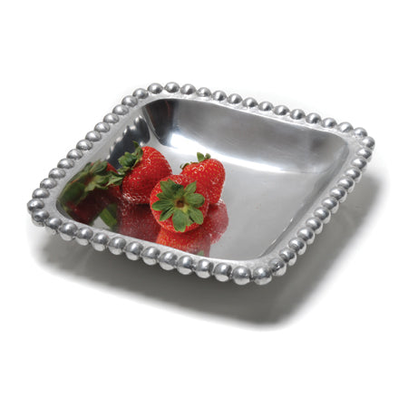 Shiny silver small square shaped tray with a beaded edge. Center of the tray can be engraved with a special message.