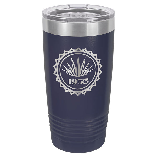 Navy blue engraved tumbler with a skinny ribbed bottom to fit in a cup holder. Comes with a clear plastic lid.