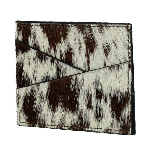 brown and white cowhide card holder