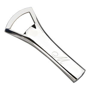 Shiny silver metal bottle opener engraved with an "M" on the handle in a beautiful cursive font.